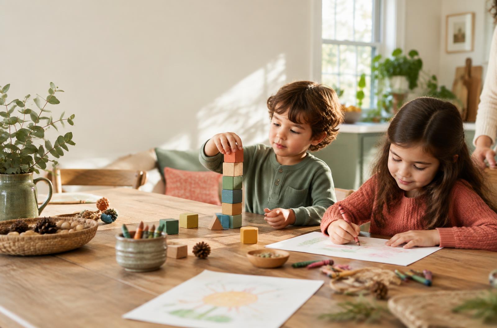 Two children building with blocks and drawing at a sunlit table